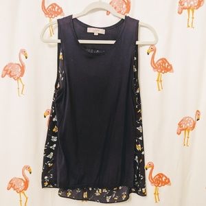 LOFT | Navy Floral Mixed Fabric Tank, Med